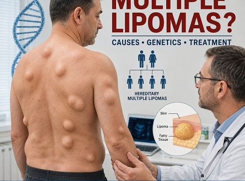 Person with multiple lipomas on the body discussing hereditary multiple lipomas causes with a healthcare professional.