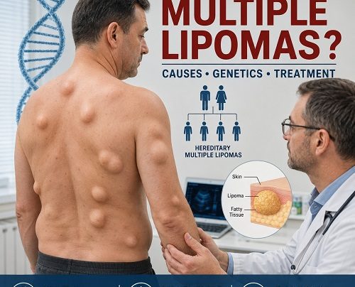 Person with multiple lipomas on the body discussing hereditary multiple lipomas causes with a healthcare professional.