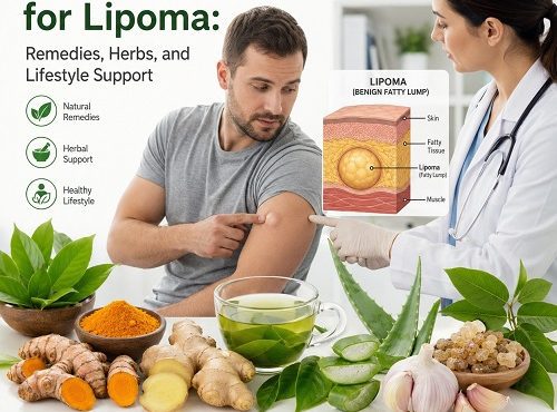 Natural treatment for lipoma with herbal remedies, healthy lifestyle support, and medical consultation for a benign fatty lump.