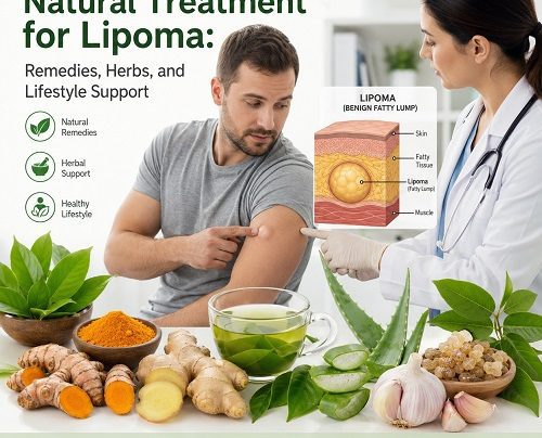 Natural treatment for lipoma with herbal remedies, healthy lifestyle support, and medical consultation for a benign fatty lump.