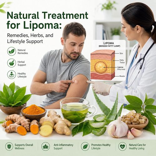 Natural treatment for lipoma with herbal remedies, healthy lifestyle support, and medical consultation for a benign fatty lump.