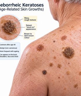 seborrheic keratosis age-related skin growths on an older adult's back