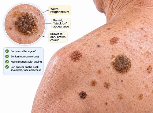 seborrheic keratosis age-related skin growths on an older adult's back