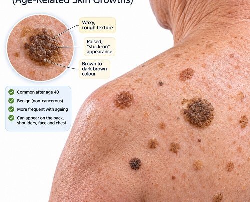 seborrheic keratosis age-related skin growths on an older adult's back