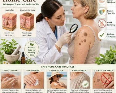 Healthcare professional explaining seborrheic keratosis home care and gentle skin protection techniques for irritated skin growths.