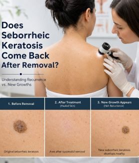 Dermatologist examining a patient's skin after seborrheic keratosis removal to check for seborrheic keratosis recurrence.