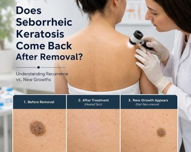 Dermatologist examining a patient's skin after seborrheic keratosis removal to check for seborrheic keratosis recurrence.
