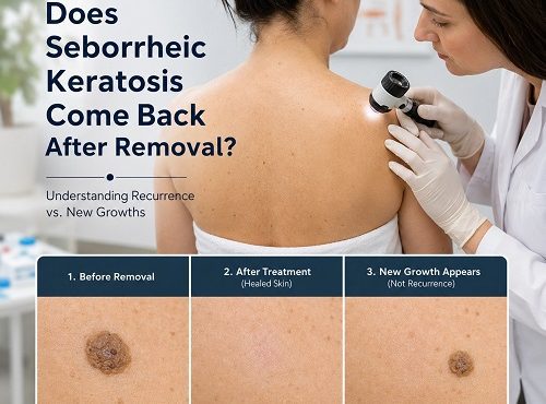 Dermatologist examining a patient's skin after seborrheic keratosis removal to check for seborrheic keratosis recurrence.