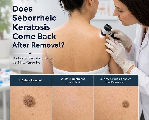 Dermatologist examining a patient's skin after seborrheic keratosis removal to check for seborrheic keratosis recurrence.