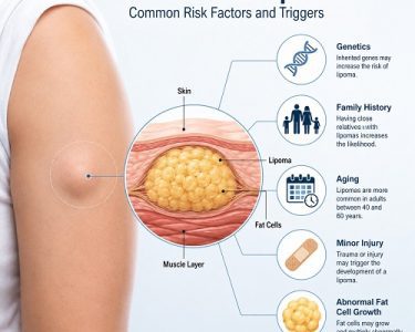 What causes lipoma illustration showing common lipoma risk factors and fatty lump beneath the skin
