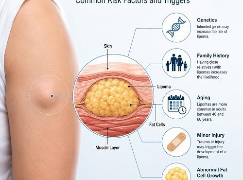 What causes lipoma illustration showing common lipoma risk factors and fatty lump beneath the skin