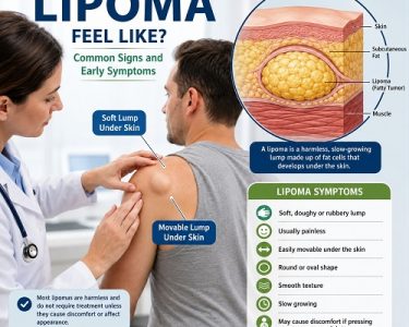Healthcare professional examining a soft, movable lipoma under the skin on a patient's upper arm.