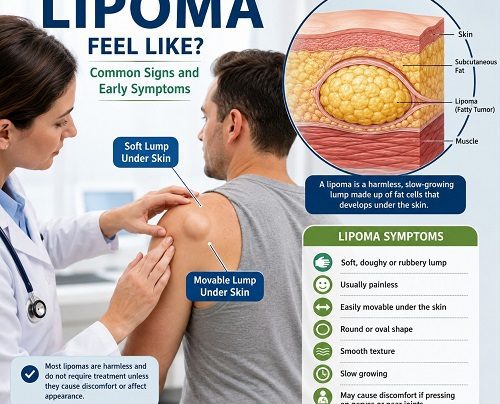 Healthcare professional examining a soft, movable lipoma under the skin on a patient's upper arm.