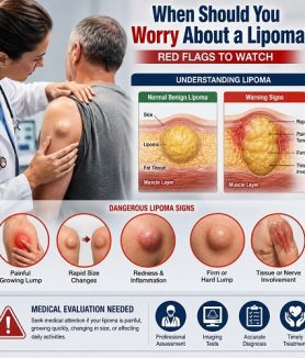 Doctor examining a patient's lipoma while identifying warning signs including rapid growth, pain, and changes in size.