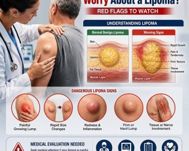 Doctor examining a patient's lipoma while identifying warning signs including rapid growth, pain, and changes in size.