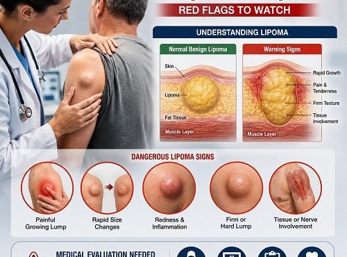 Doctor examining a patient's lipoma while identifying warning signs including rapid growth, pain, and changes in size.