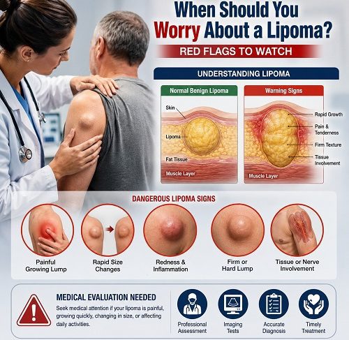 Doctor examining a patient's lipoma while identifying warning signs including rapid growth, pain, and changes in size.
