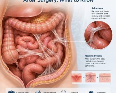 Abdominal adhesions after surgery showing abdominal scar tissue around the intestines