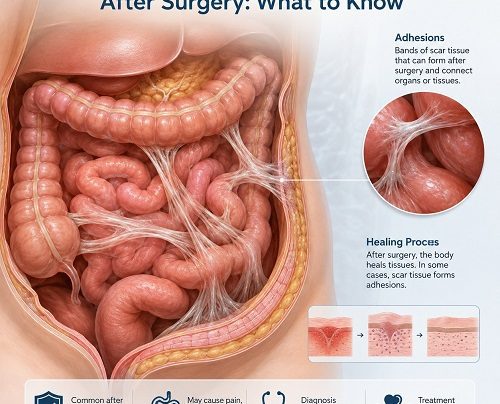 Abdominal adhesions after surgery showing abdominal scar tissue around the intestines