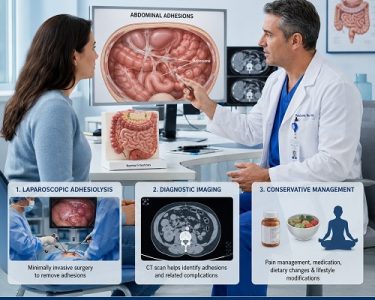 Abdominal adhesions treatment showing a doctor discussing surgery and treatment options with a patient