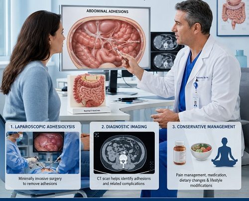 Abdominal adhesions treatment showing a doctor discussing surgery and treatment options with a patient