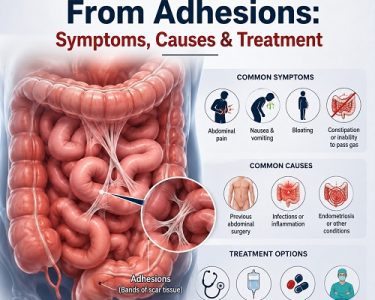 Medical illustration showing bowel obstruction from adhesions and intestinal scar tissue