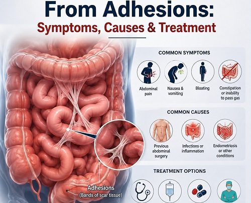 Medical illustration showing bowel obstruction from adhesions and intestinal scar tissue