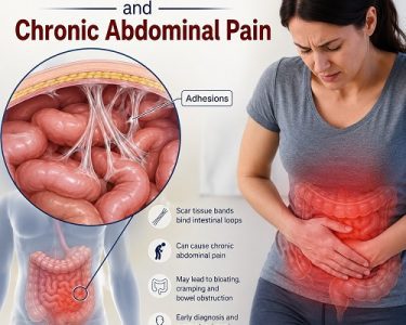 Medical illustration showing abdominal adhesions causing chronic abdominal pain by restricting and pulling on intestinal organs.