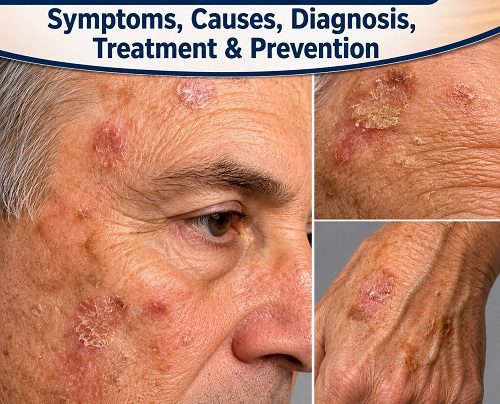 Actinic Keratosis symptoms and precancerous skin lesions on sun-damaged skin