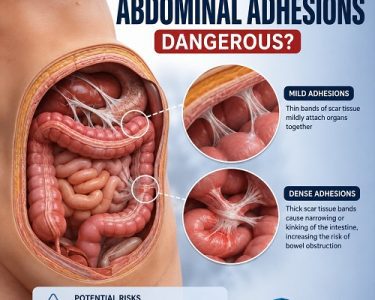 Are abdominal adhesions dangerous showing scar tissue restricting intestinal loops