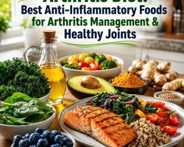 Healthy Arthritis Diet featuring salmon, leafy greens, berries, olive oil, nuts, and colorful vegetables for healthy joints.