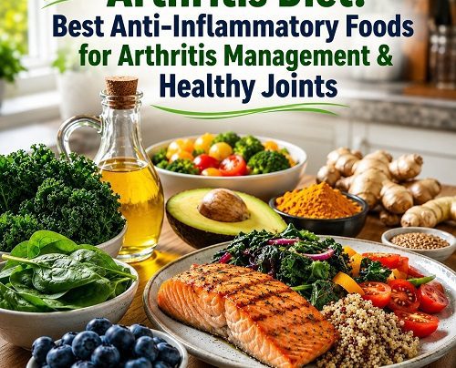 Healthy Arthritis Diet featuring salmon, leafy greens, berries, olive oil, nuts, and colorful vegetables for healthy joints.