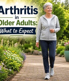 Older adult walking outdoors while managing arthritis and maintaining healthy joint movement