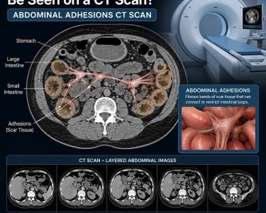 Abdominal adhesions CT scan showing intestinal loops and internal scar tissue