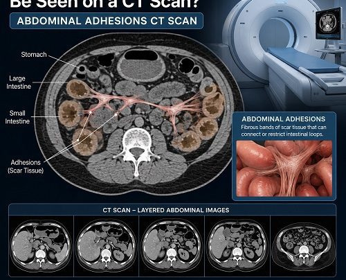 Abdominal adhesions CT scan showing intestinal loops and internal scar tissue