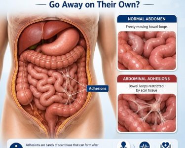 Medical illustration showing abdominal adhesions and scar tissue connecting intestinal loops