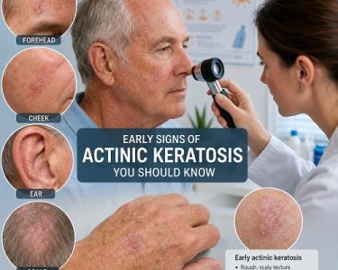 Early signs of actinic keratosis showing rough, scaly skin patches on sun-exposed skin