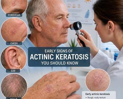 Early signs of actinic keratosis showing rough, scaly skin patches on sun-exposed skin