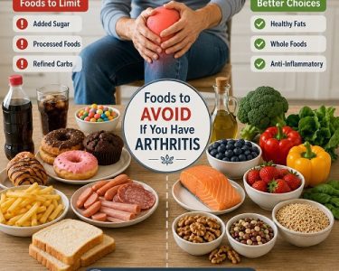 Foods to avoid with arthritis, including sugary drinks, processed foods, fried foods, and refined carbohydrates