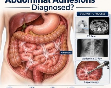 How abdominal adhesions are diagnosed using imaging tests and diagnostic laparoscopy