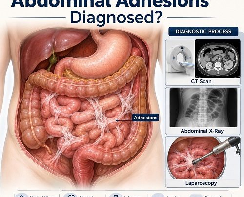 How abdominal adhesions are diagnosed using imaging tests and diagnostic laparoscopy