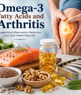 Omega-3 for Arthritis with salmon, fish oil capsules, and healthy joints