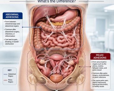 Pelvic adhesions vs abdominal adhesions showing internal scar tissue around pelvic and abdominal organs