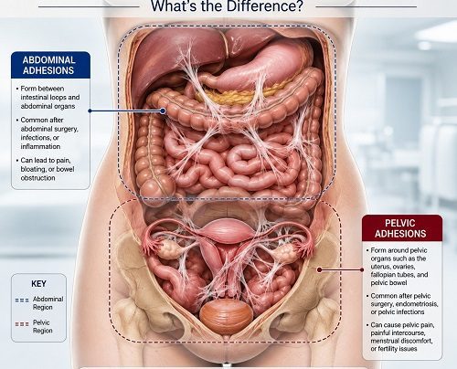 Pelvic adhesions vs abdominal adhesions showing internal scar tissue around pelvic and abdominal organs