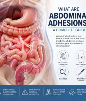 Medical illustration showing abdominal adhesions and scar tissue connecting sections of the intestine
