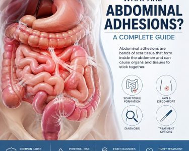 Medical illustration showing abdominal adhesions and scar tissue connecting sections of the intestine
