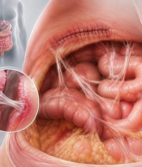 What causes abdominal adhesions and abdominal scar tissue illustration