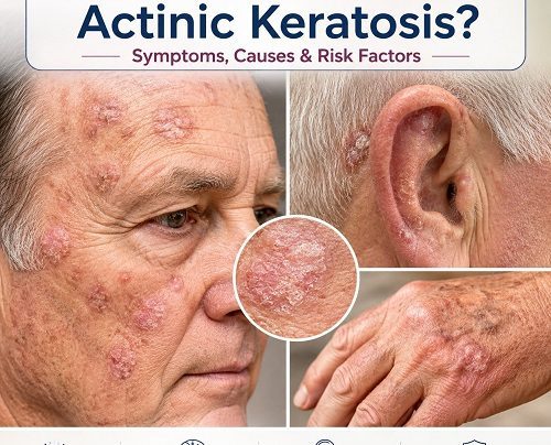 What is actinic keratosis showing rough, scaly skin lesions caused by sun damage