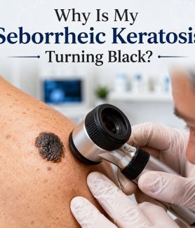 Close-up of black seborrheic keratosis on human skin with a dermatologist examining the lesion using a dermatoscope.