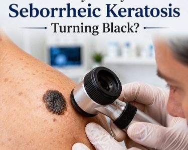 Close-up of black seborrheic keratosis on human skin with a dermatologist examining the lesion using a dermatoscope.